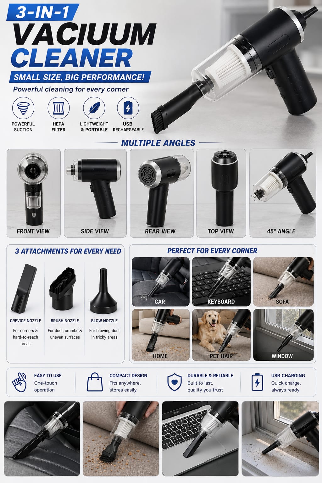 3-in-1 Cordless Handheld Vacuum Cleaner | Powerful Suction | USB Rechargeable | Portable Car, Home & Office Cleaner