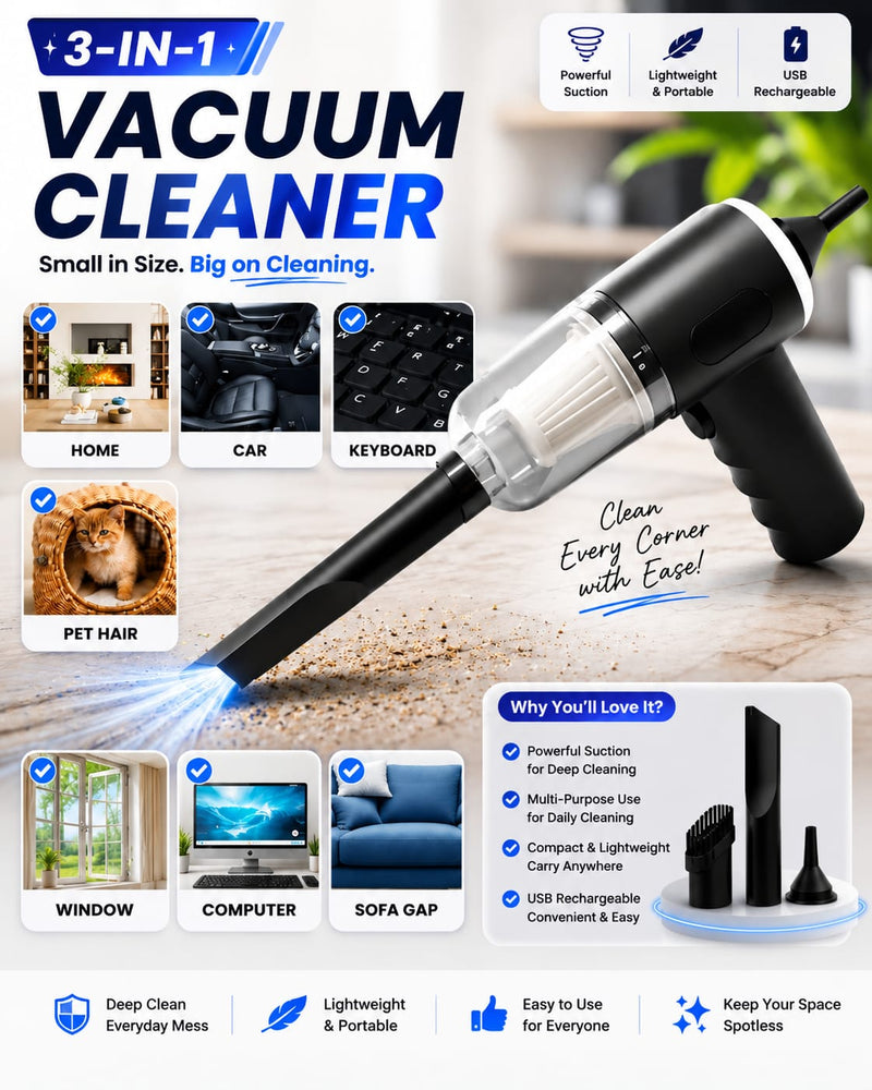 3-in-1 Cordless Handheld Vacuum Cleaner | Powerful Suction | USB Rechargeable | Portable Car, Home & Office Cleaner