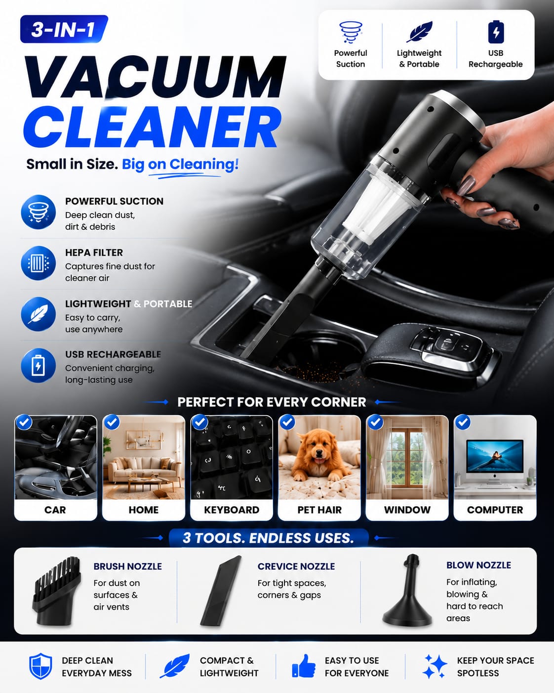 3-in-1 Cordless Handheld Vacuum Cleaner | Powerful Suction | USB Rechargeable | Portable Car, Home & Office Cleaner