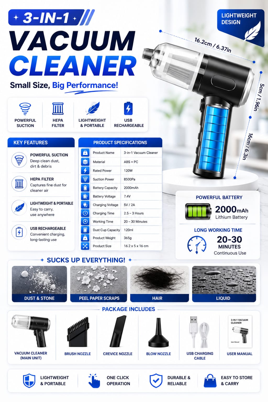 3-in-1 Cordless Handheld Vacuum Cleaner | Powerful Suction | USB Rechargeable | Portable Car, Home & Office Cleaner