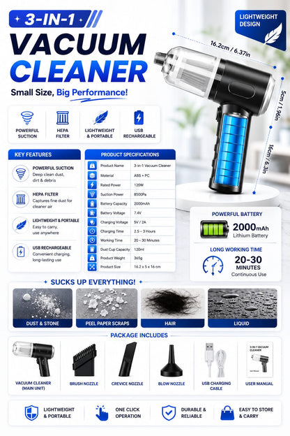 3-in-1 Cordless Handheld Vacuum Cleaner | Powerful Suction | USB Rechargeable | Portable Car, Home & Office Cleaner