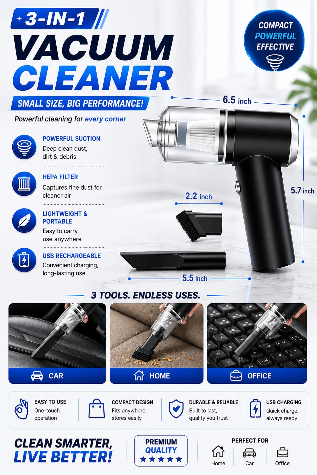 3-in-1 Cordless Handheld Vacuum Cleaner | Powerful Suction | USB Rechargeable | Portable Car, Home & Office Cleaner