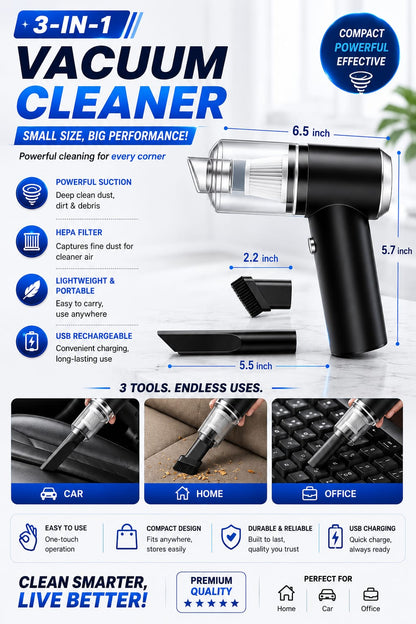 3-in-1 Cordless Handheld Vacuum Cleaner | Powerful Suction | USB Rechargeable | Portable Car, Home & Office Cleaner