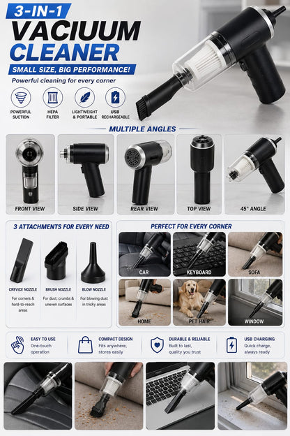 3-in-1 Cordless Handheld Vacuum Cleaner | Powerful Suction | USB Rechargeable | Portable Car, Home & Office Cleaner