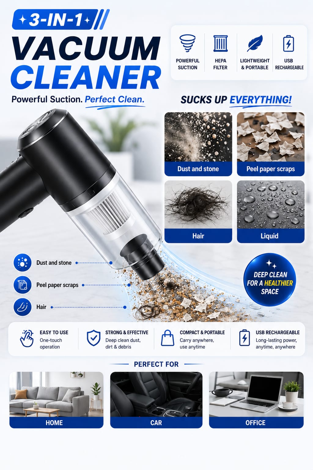 3-in-1 Cordless Handheld Vacuum Cleaner | Powerful Suction | USB Rechargeable | Portable Car, Home & Office Cleaner