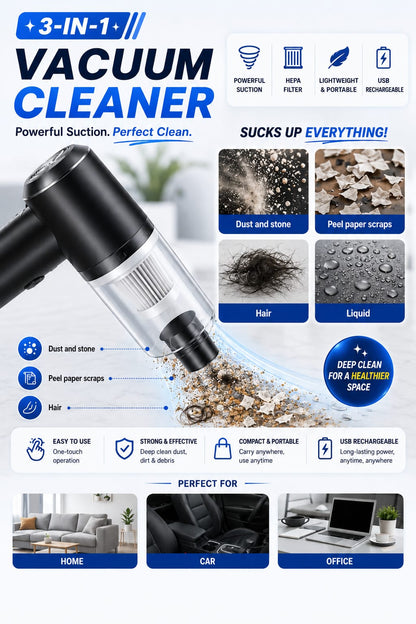 3-in-1 Cordless Handheld Vacuum Cleaner | Powerful Suction | USB Rechargeable | Portable Car, Home & Office Cleaner